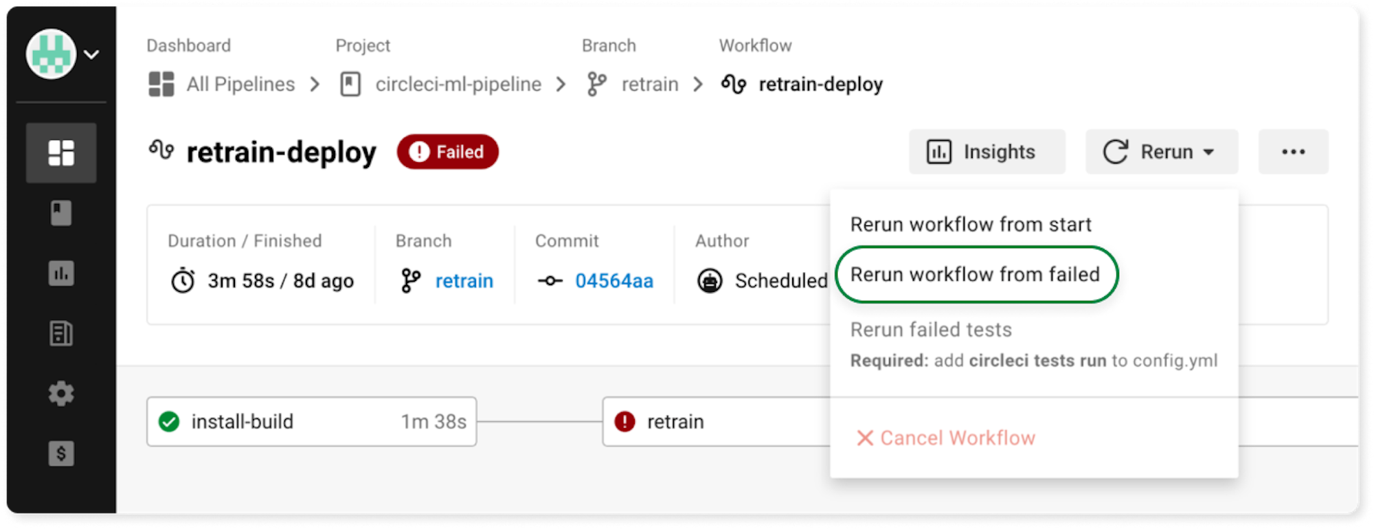 A screenshot showing how to rerun a failed job in the CircleCI web console.