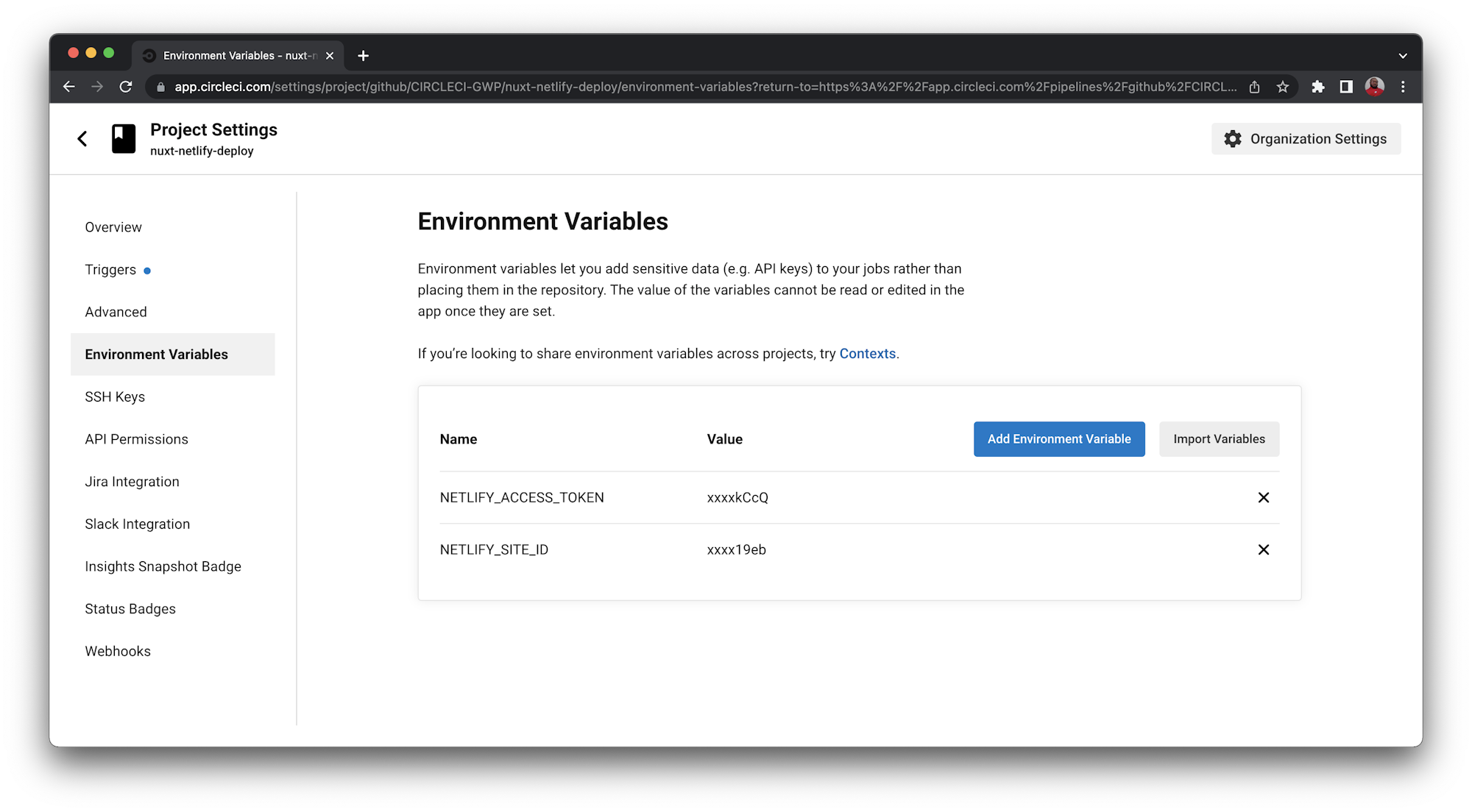 Environment Variables page