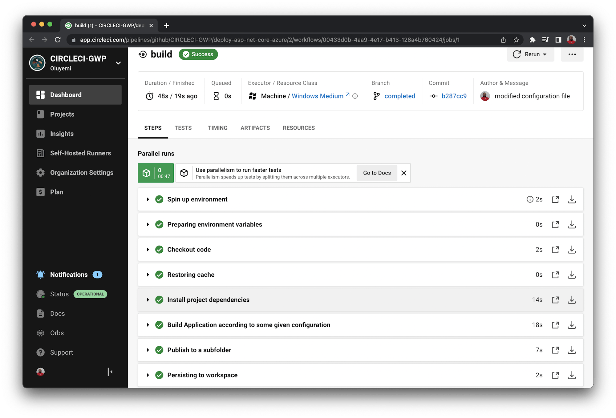 The complete steps for the build job