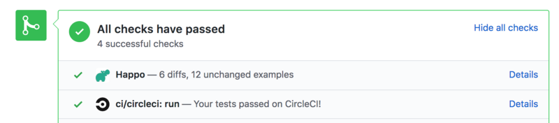 Example of a Happo status posted to a pull request on github.com.