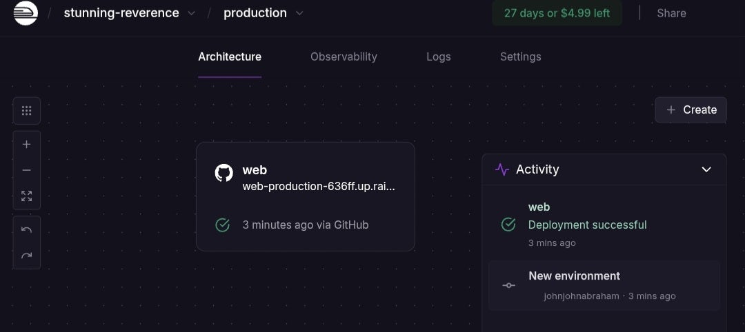 Railway successful deployment page