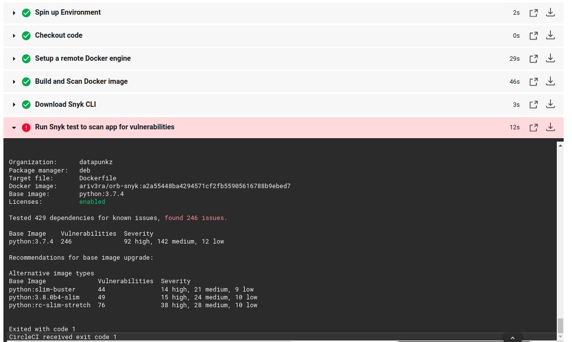 Example of a Docker image scan failure within the CircleCI dashboard.