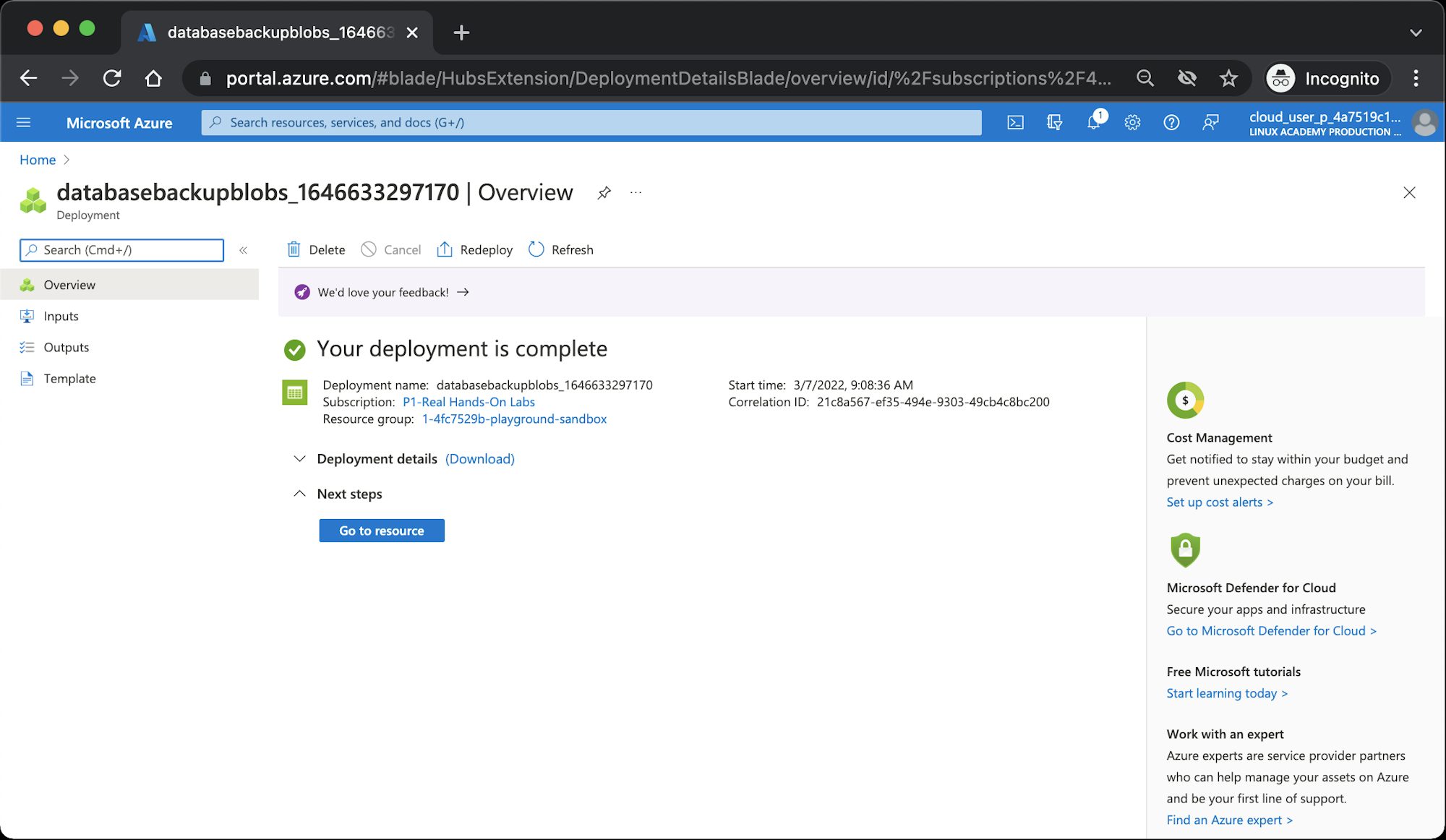New storage account deployed