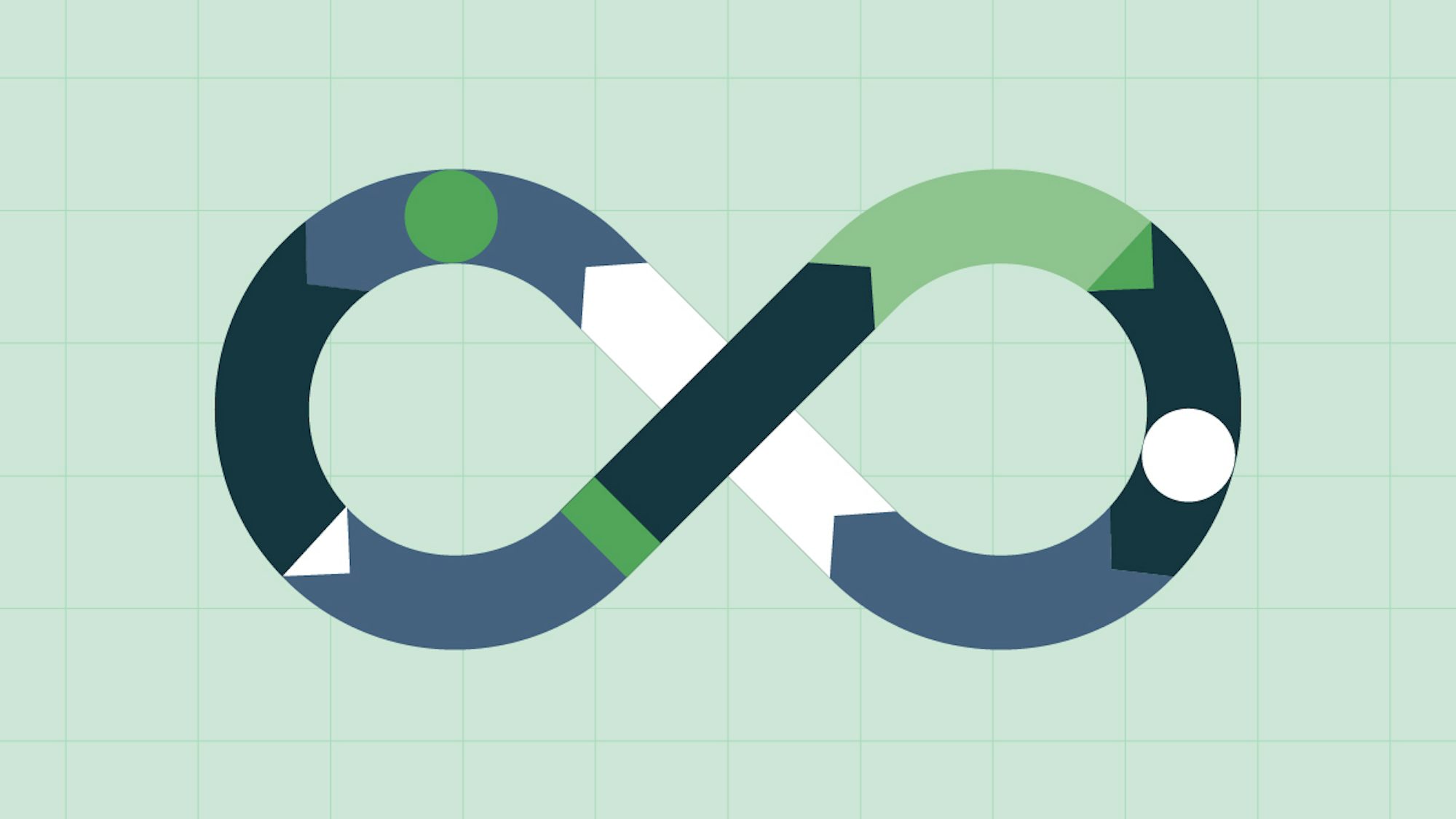 Graphic elements representing automated DevOps processes speed around an infinity-shaped track.
