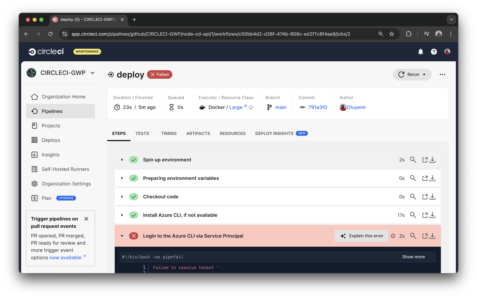 CircleCI pipeline failure