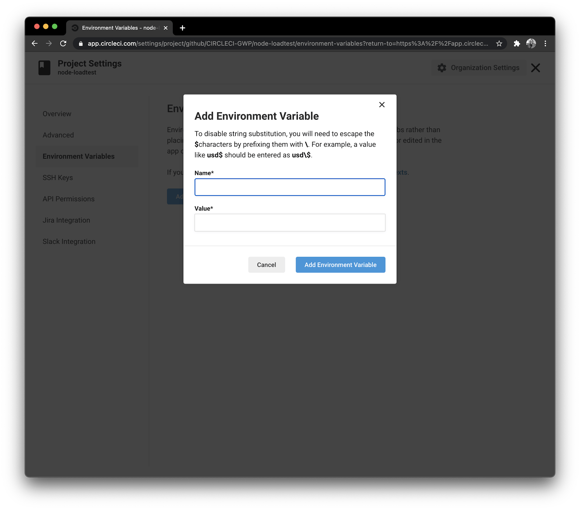 環境変数の追加 - CircleCI