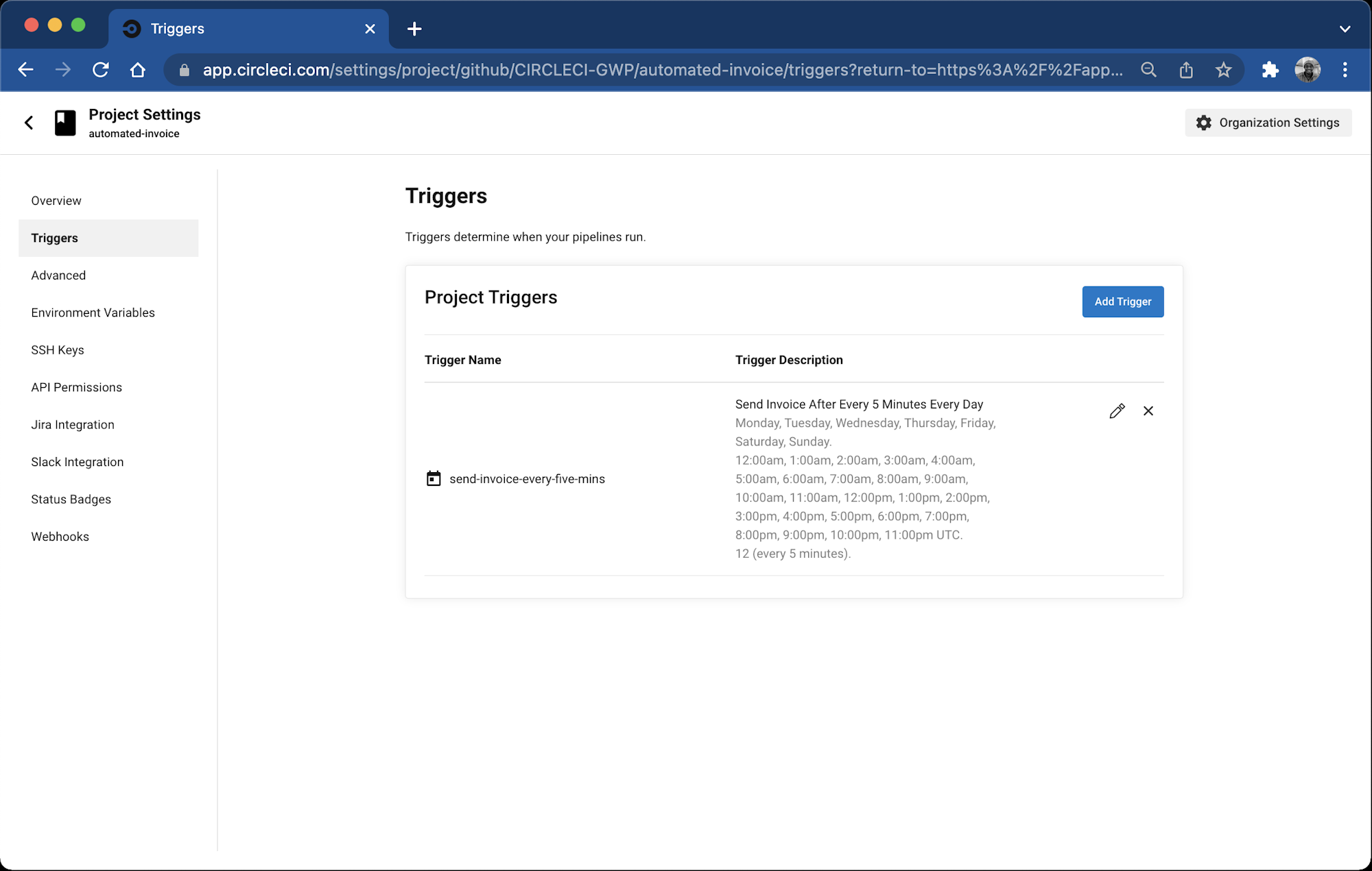 Project Triggers page