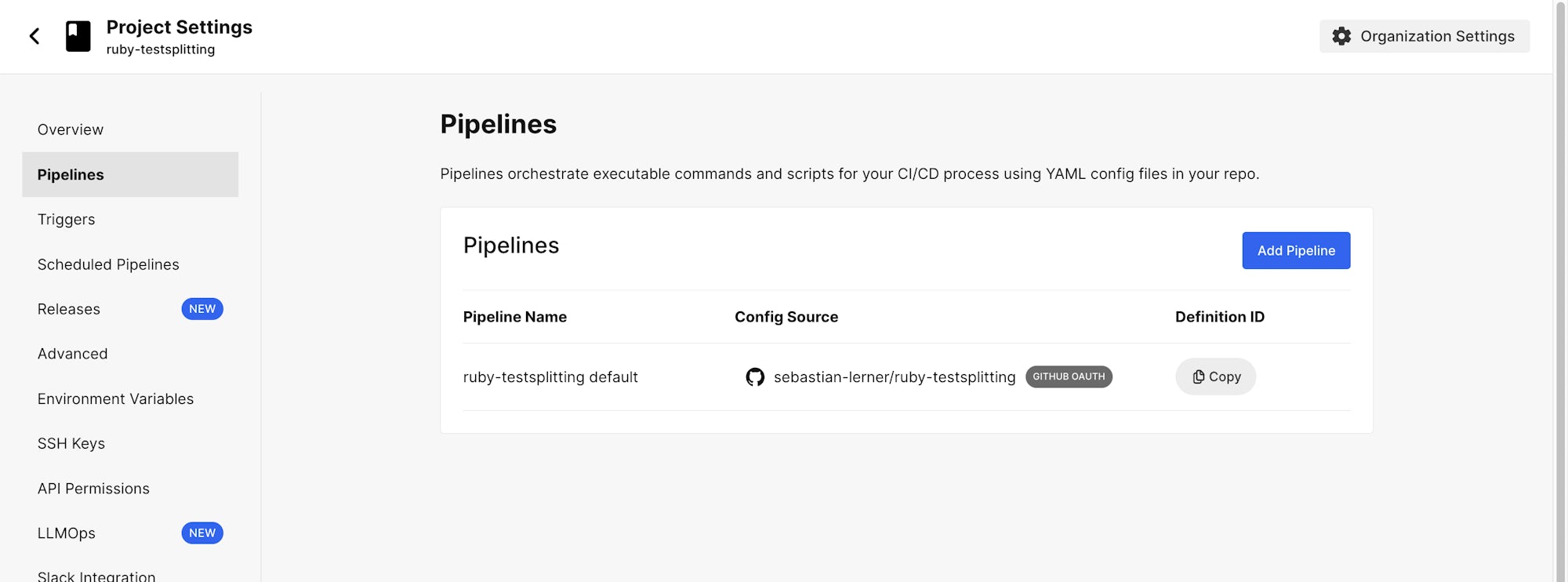 Project Settings GitHub OAuth App pipeline